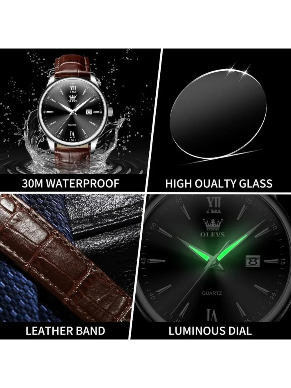 Men's Black Brown Leather Band Waterproof Relog Para Hombres Classic Wrist Watch